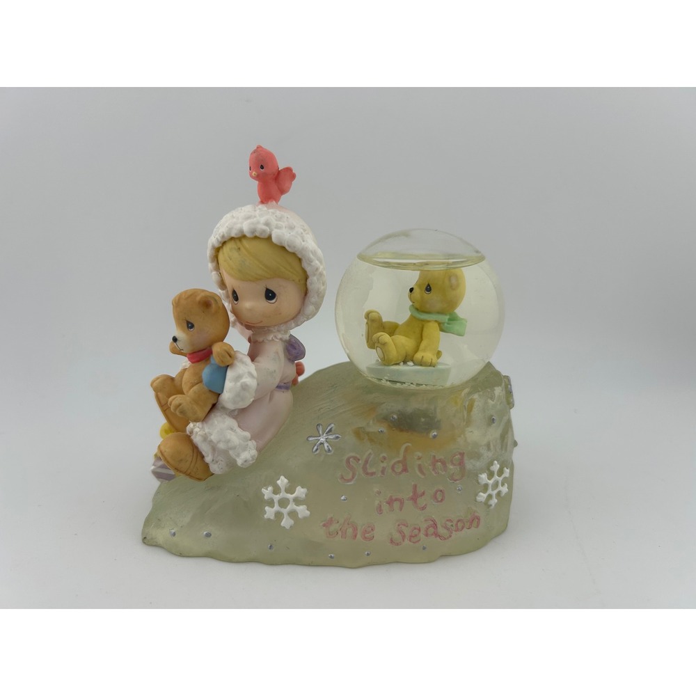 Precious Moments Snow Globe "Sliding Into The Season" Teddy Bear Bird Figurine